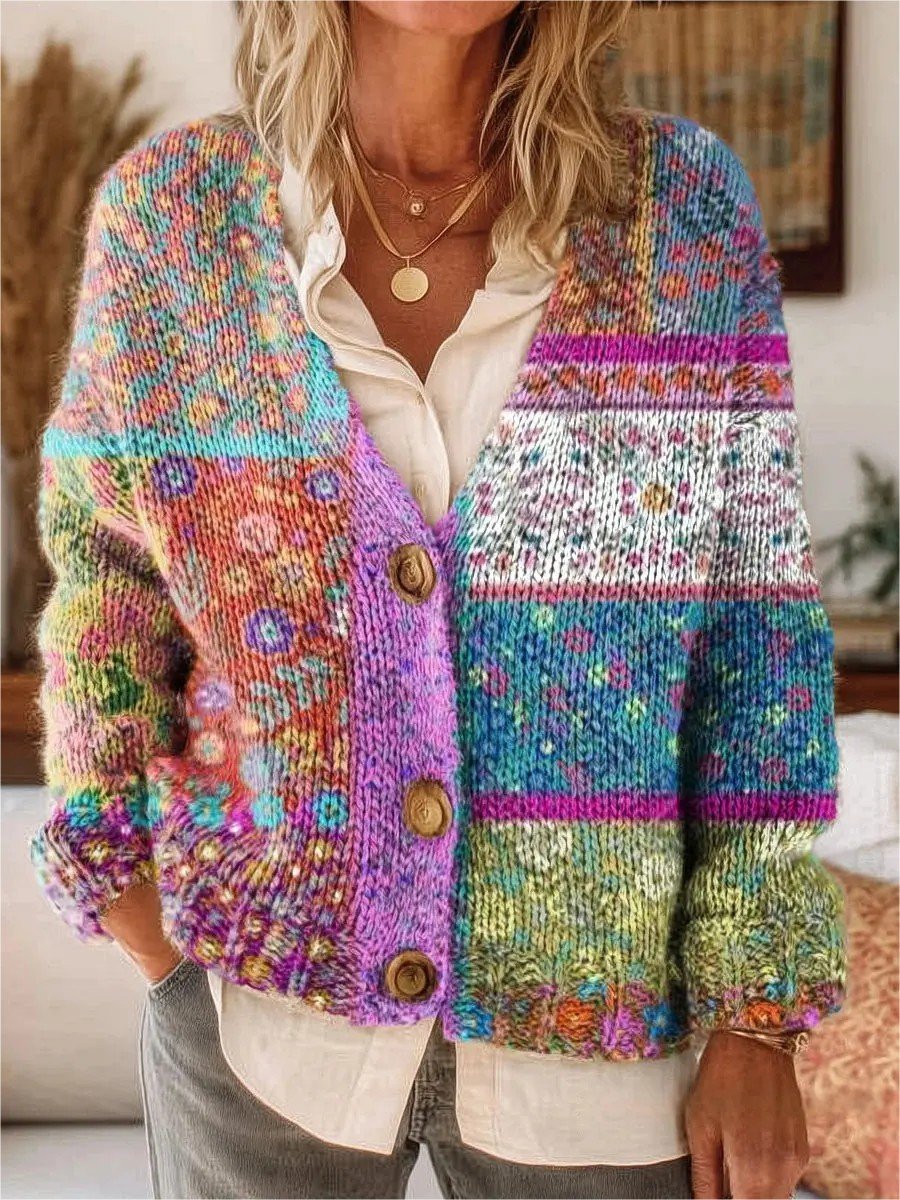 Women's Vintage Multicolor Collage Floral Print Button-Up V-Neck Cardigan Sweater