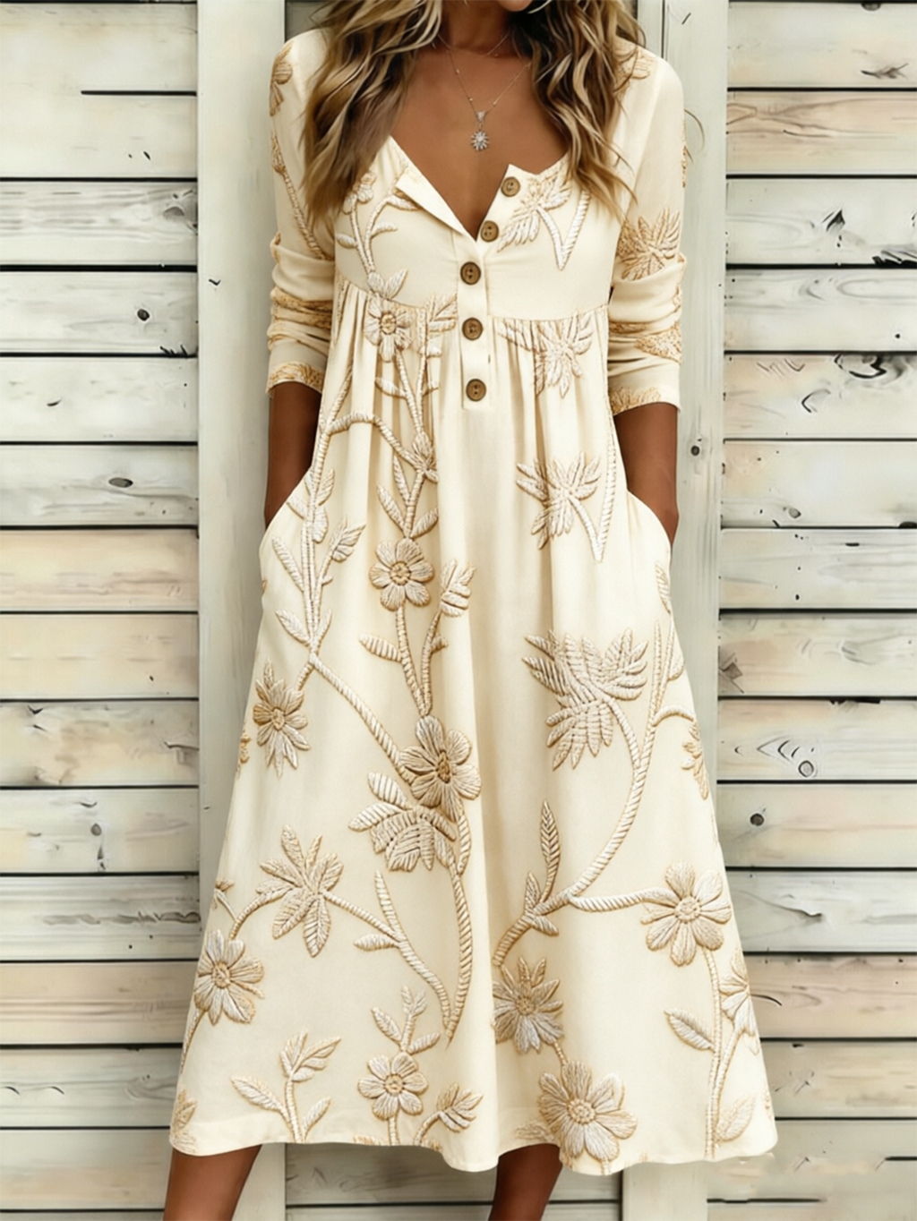 Loose Half Open Collar Floral Vintage Dress With No