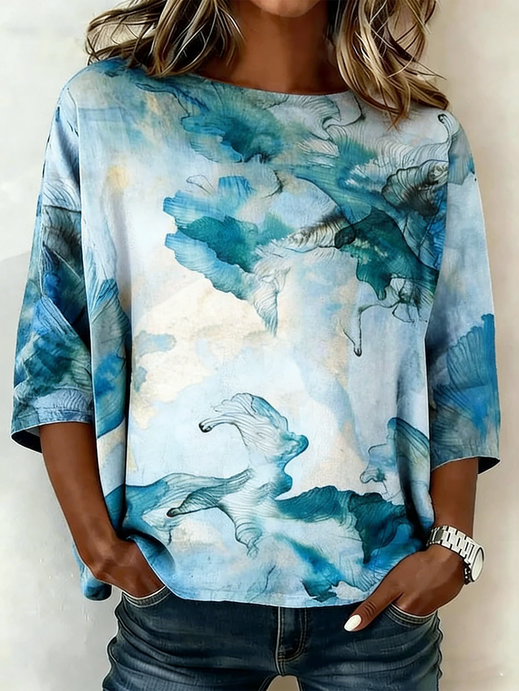 Cotton And Linen Chevron Vintage Crew Neck Shirt