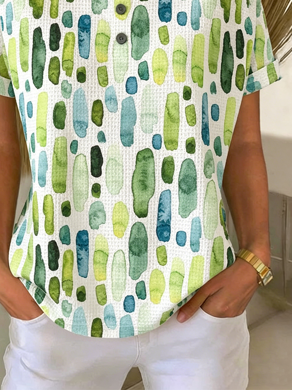 Green Blue Watercolor Henley Neck Summer Relaxed Fit T-Shirt