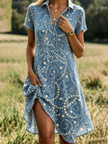 Shirt Collar Blue Polka Dots Vacation Regular Fit Dress With No