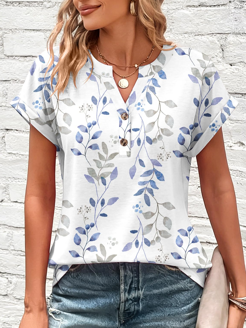 Botanical Pattern Elegant Cotton V Neck T-Shirt