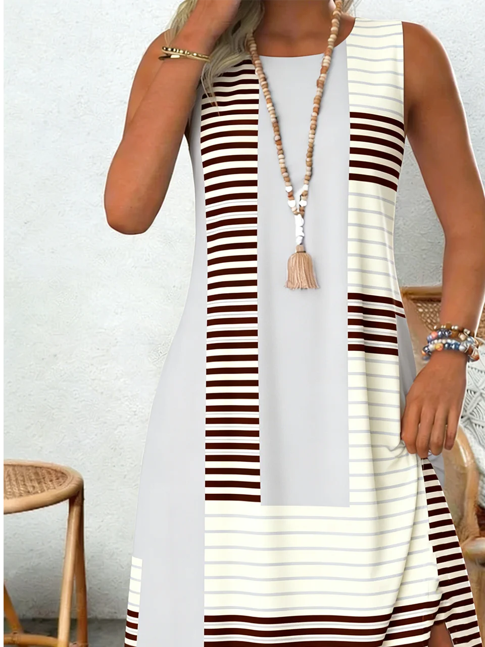 Casual Crew Neck Loose Plaid Dress With No