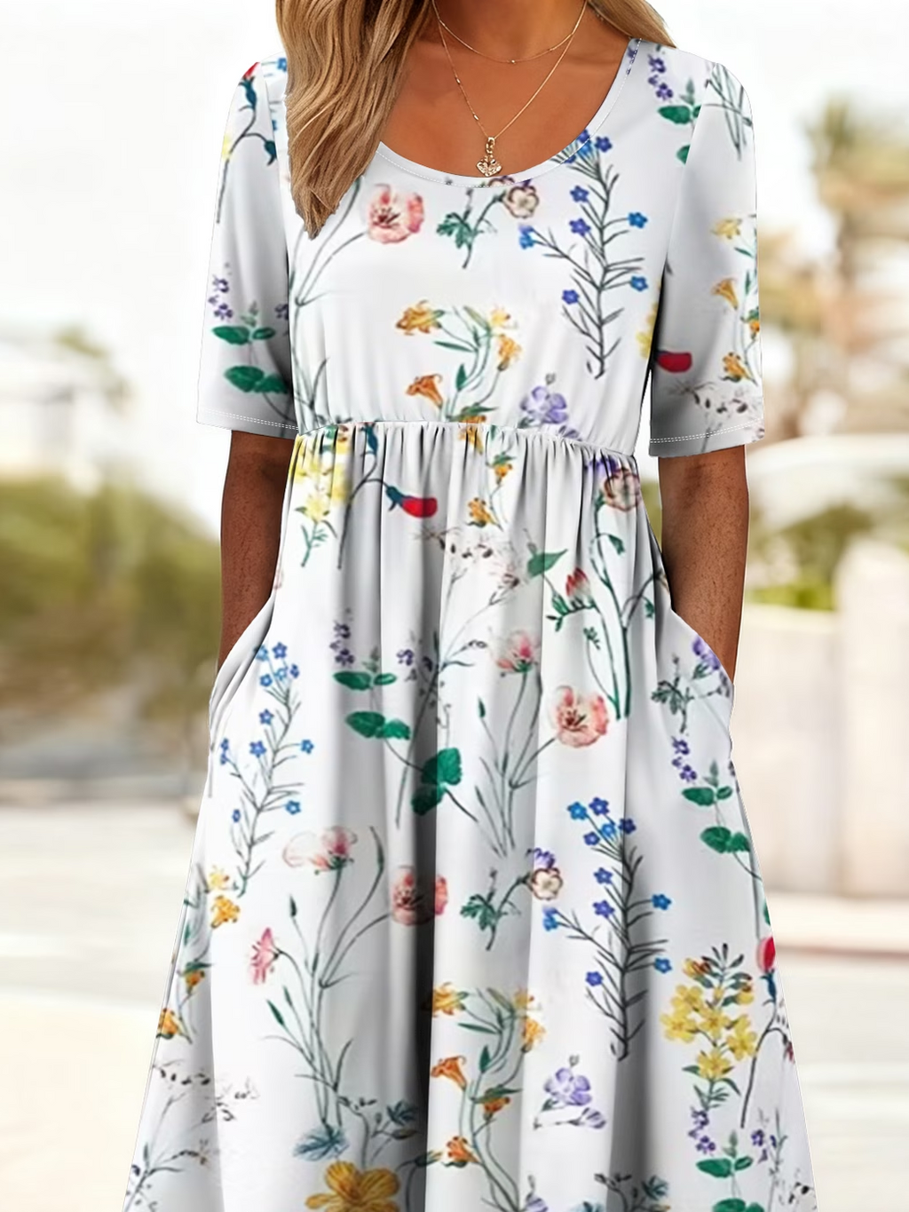 Women's Short Sleeve Summer White Floral Printing Crew Neck Daily Going Out Casual Maxi H-Line Shift Dress Dress