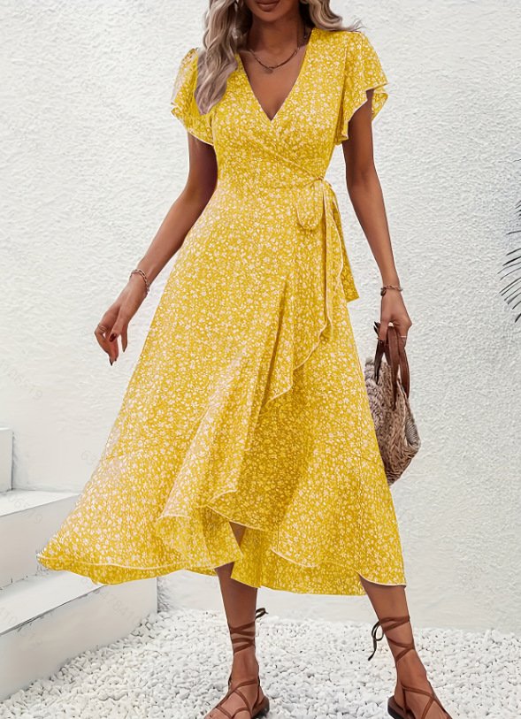 V Neck Ditsy Floral Regular Fit Elegant Dress With No