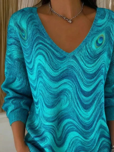 Women's Long Sleeve T-shirt Spring/Fall Cyan Abstract Printing V Neck Daily Going Out Casual Top