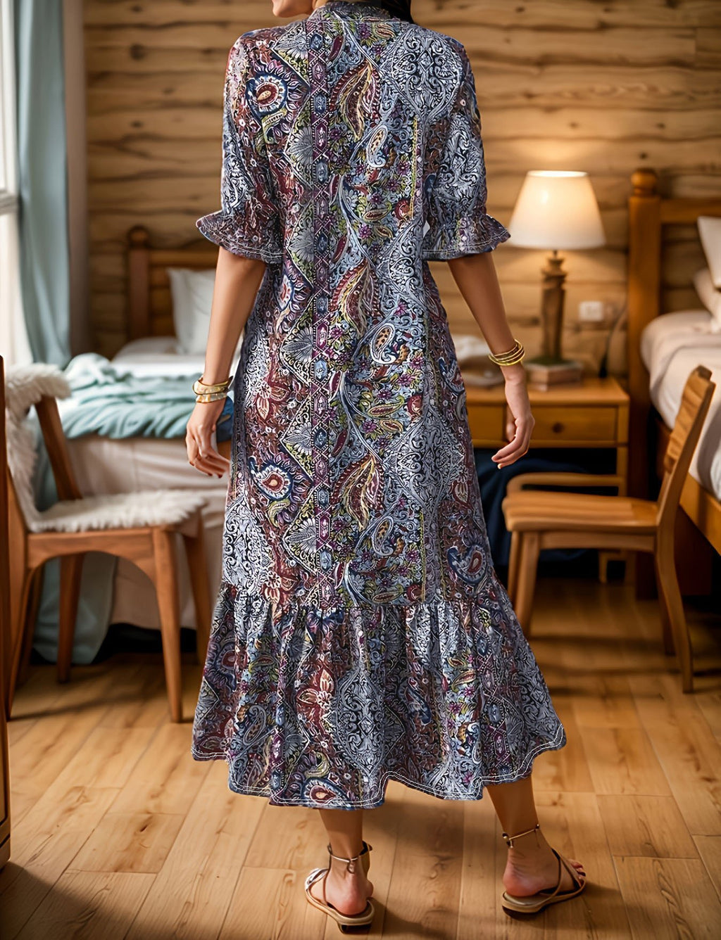 Ruffle Sleeve Elegant V Neck Geometric Polyester Cotton Dress With No