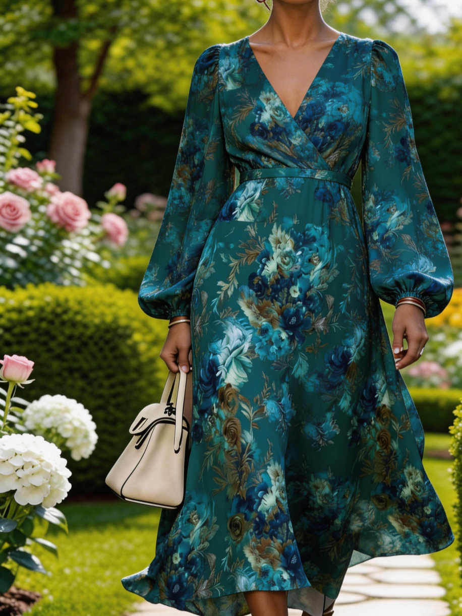 Floral V Neck Regular Fit Elegant Dress With No