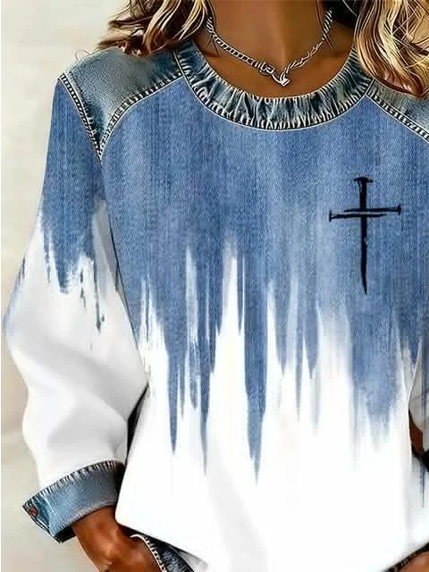 Women's Abstract Belief Print Patchwork Denim Crewneck Long-Sleeved Sweatshirt