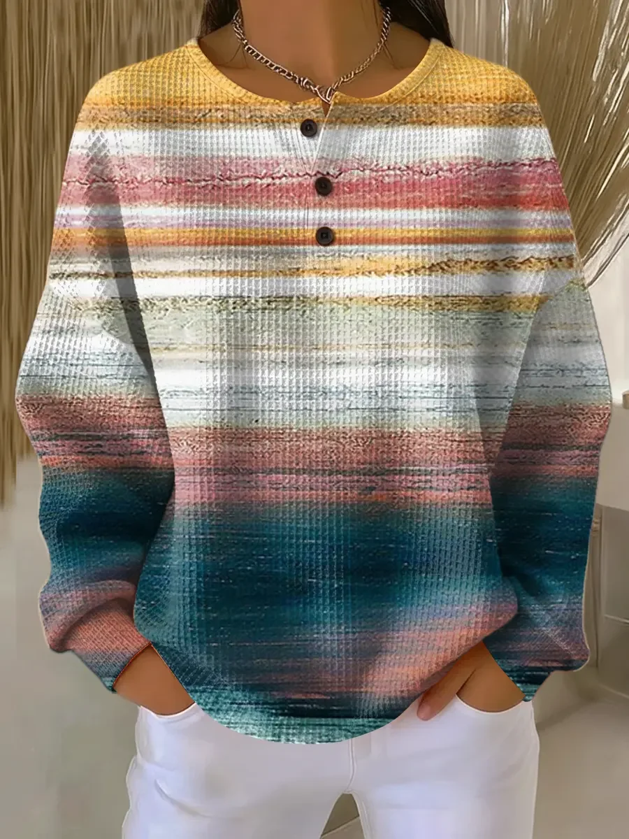 Women's Abstract Print Button-Up Casual Waffle Knit Sweatshirt