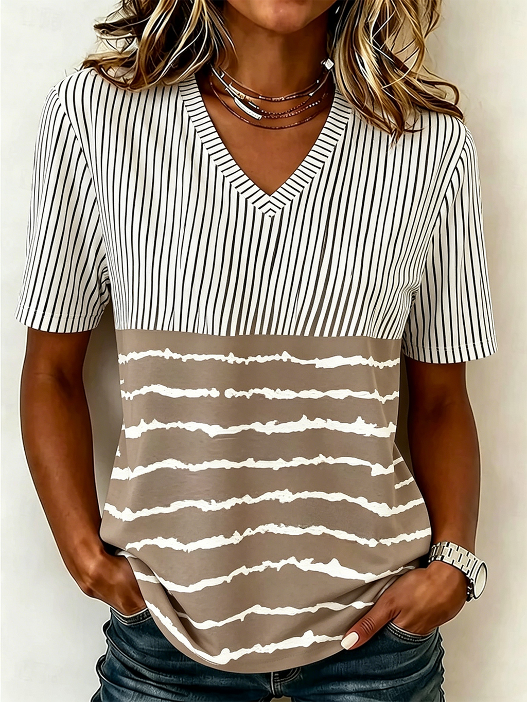 Loose V Neck Casual Striped T-Shirt
