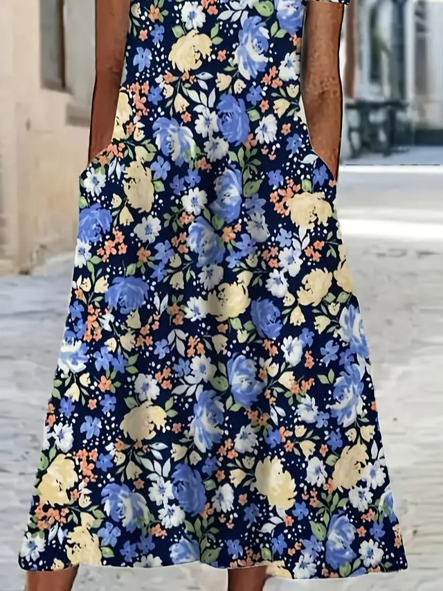 Women's Short Sleeve Summer Blue Floral Printing V Neck Daily Going Out Casual Maxi H-Line Fit & Flare Dress Dress