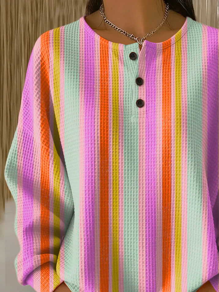 Women's Color Stripes Print Button-Up Casual Waffle Knit Sweatshirt
