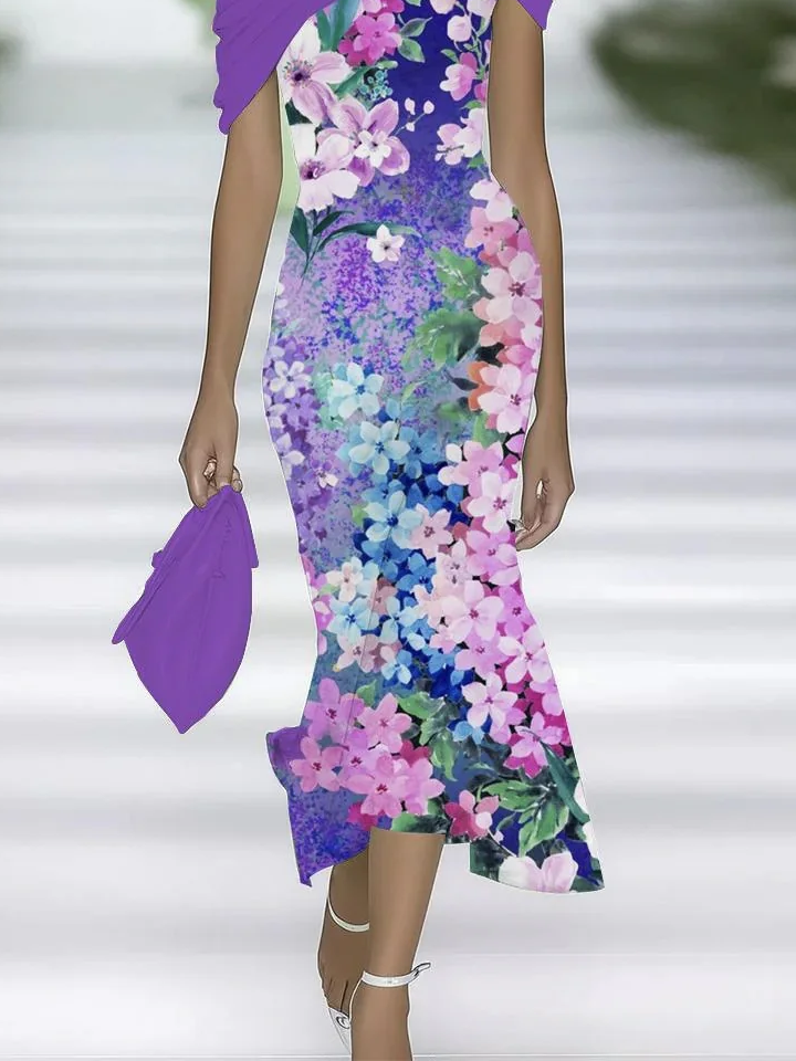 Women's Cap Sleeve Summer Purple Floral Printing Cold Shoulder Daily Going Out Vintage Maxi H-Line Dress