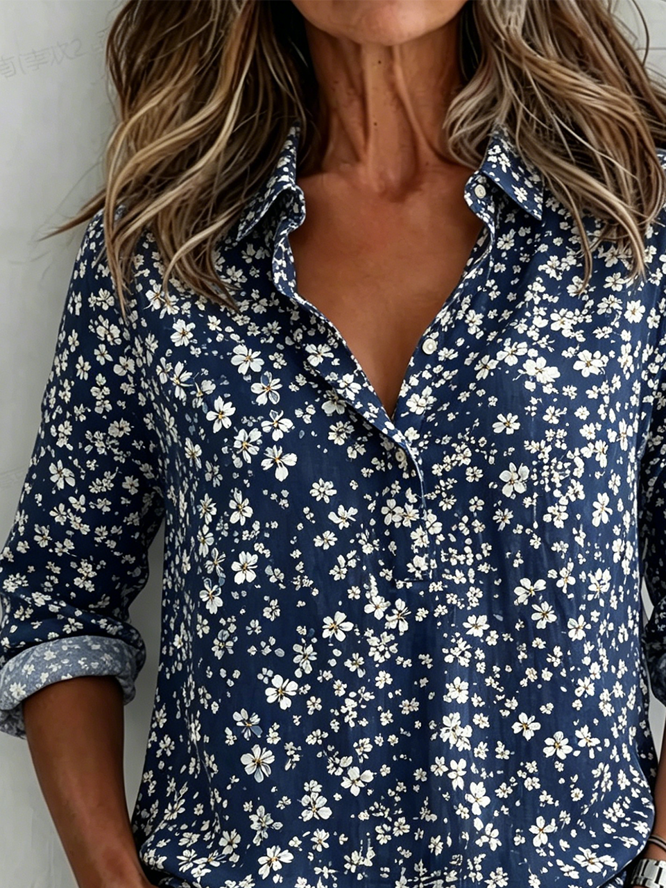 Women's Navy Floral Print Long Sleeve Roll Tab Casual Popover Blouse