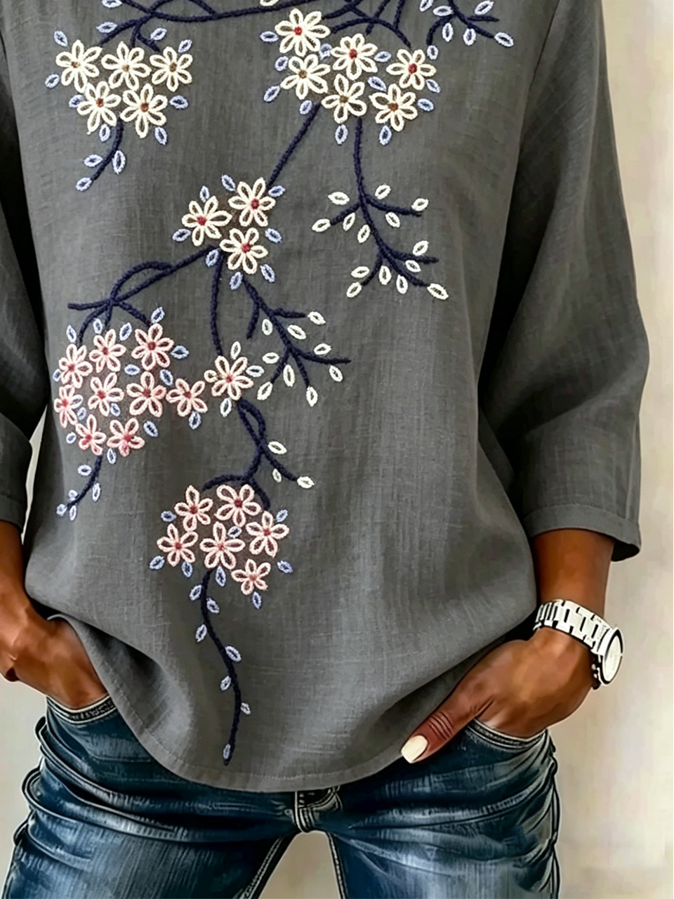 Cotton And Linen Floral Crew Neck Vintage Shirt