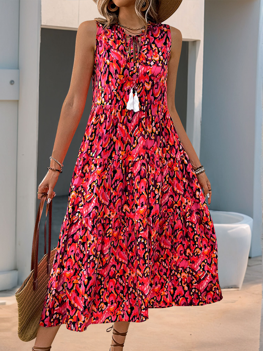 Ethnic Geometry Casual Viscose V Neck Sleeveless Vacation Summer Elegant Maxi Dress
