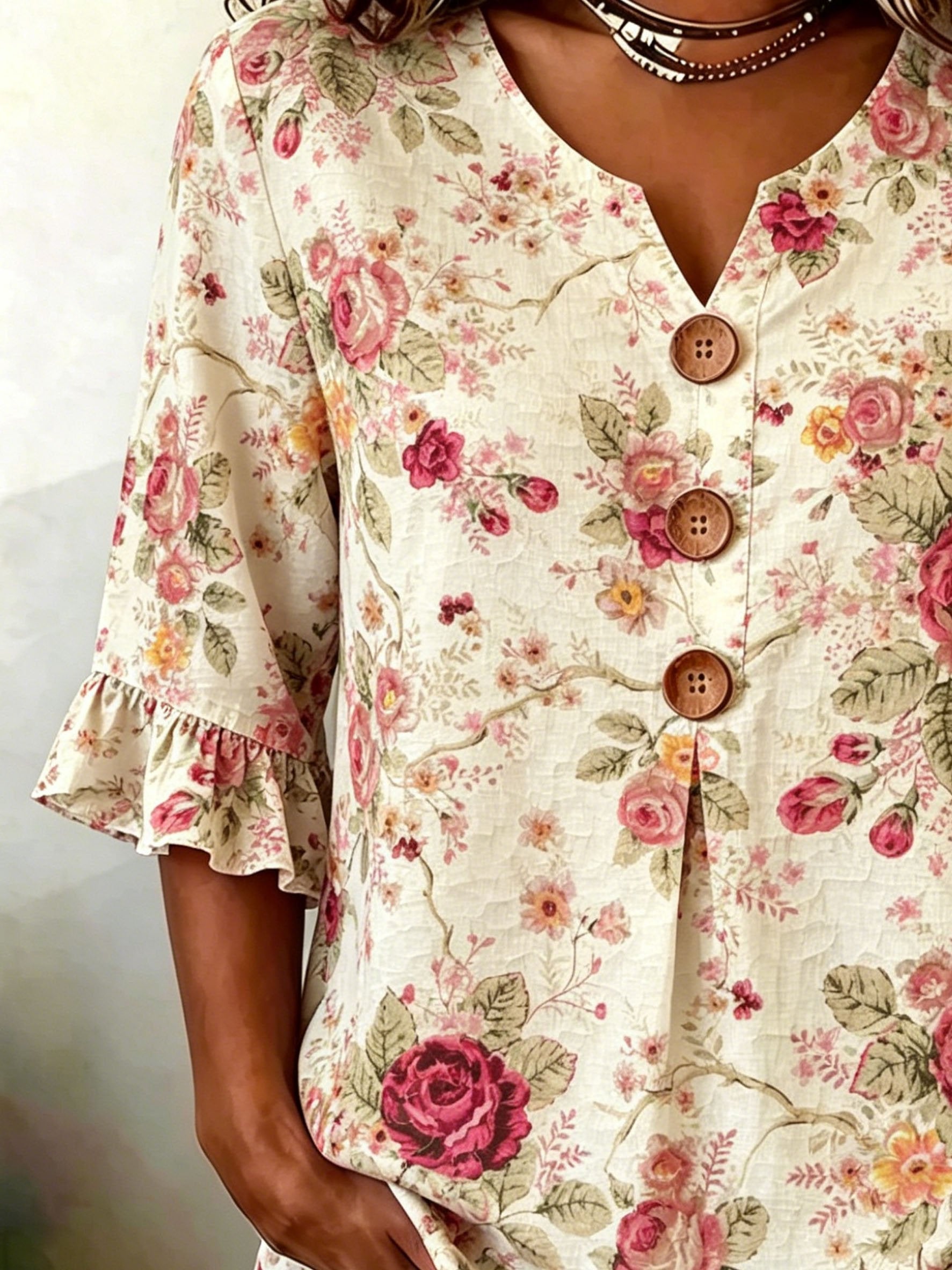 Women's Retro Floral Print Half Sleeve Ruffle Cuff Blouse Summer V Neck Button Daily Going Out Vintage Top