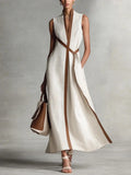 Cotton And Linen Color Block Stand Collar Sleeveless Belt Plain Casual Maxi Dress
