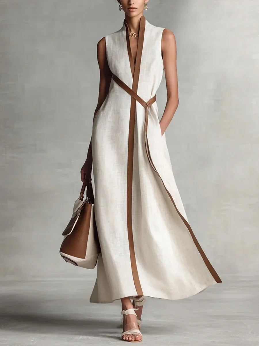 Cotton And Linen Color Block Stand Collar Sleeveless Belt Plain Casual Maxi Dress