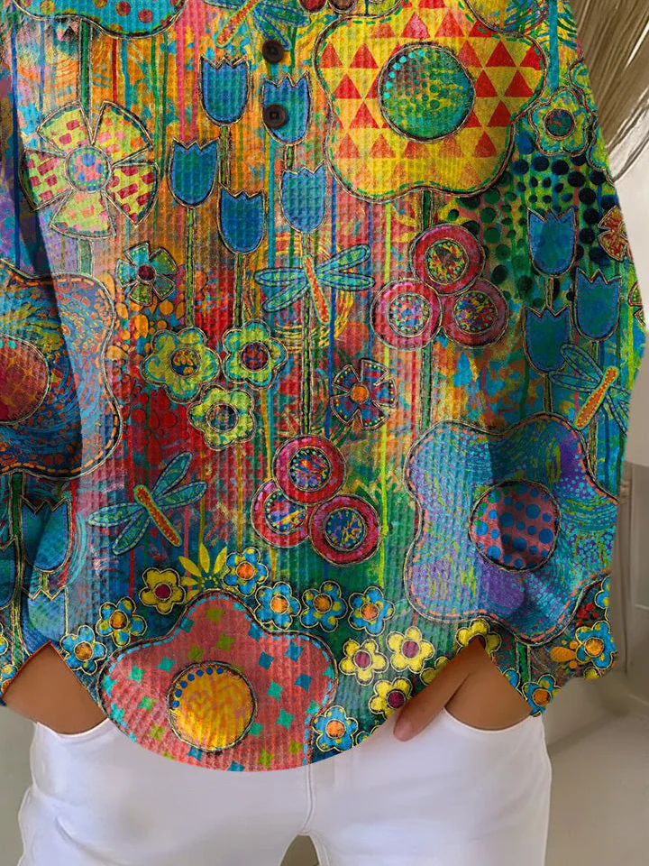 Women's Flowers Print Button-Up Casual Waffle Knit Sweatshirt