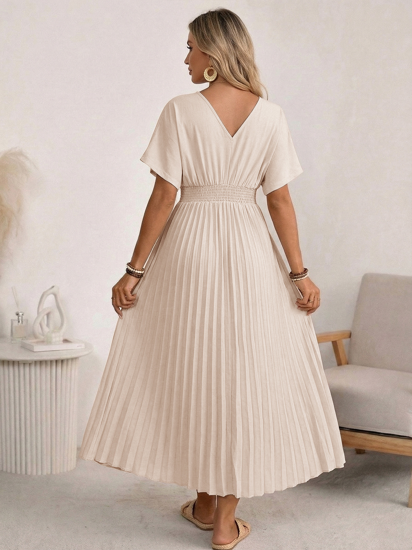 Plain Batwing Short Sleeve V Neck Pleated A-Shape Skirt Elegant Maxi Dress