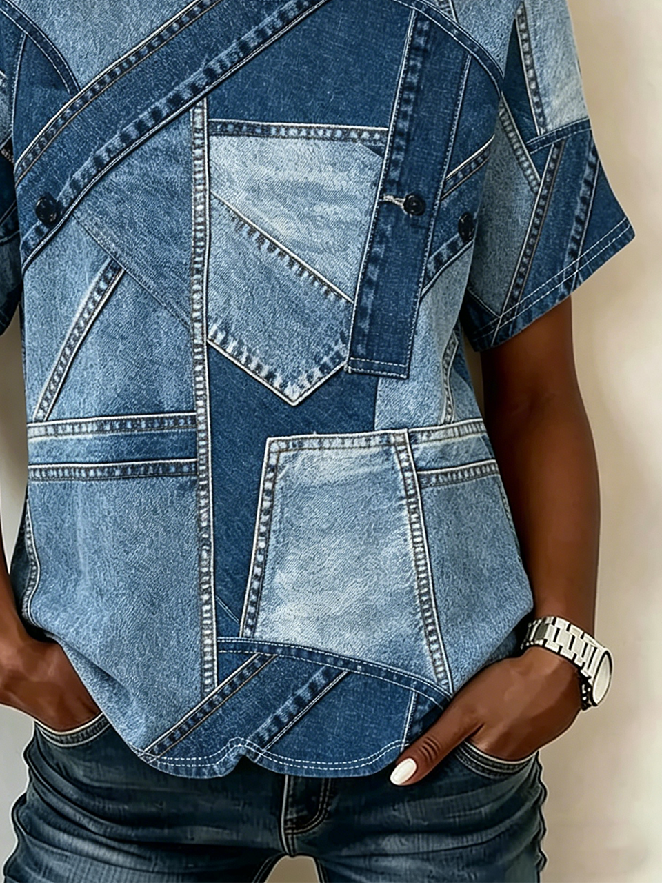 Loose Vintage Crew Neck Faux Denim Print Graphic T-Shirt