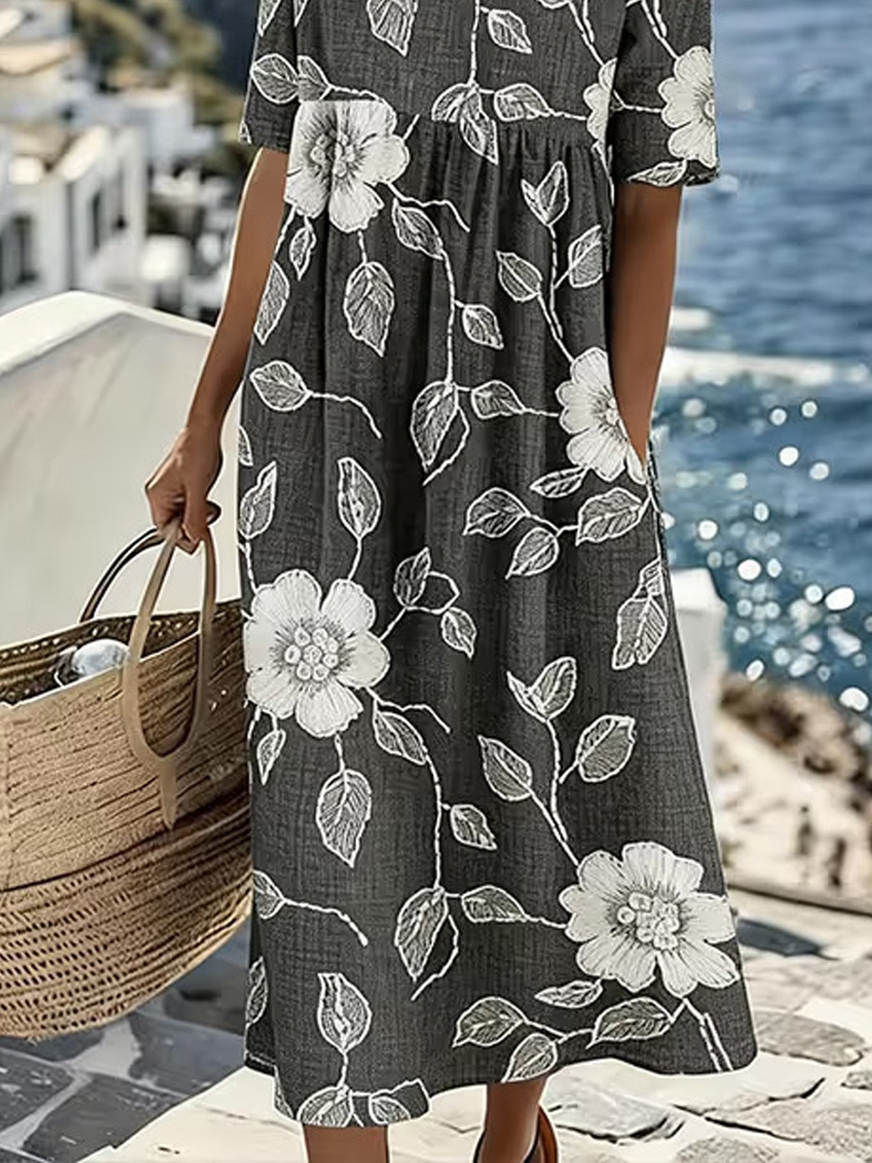 Vintage Floral Round Neck Short Sleeve Casual Dress