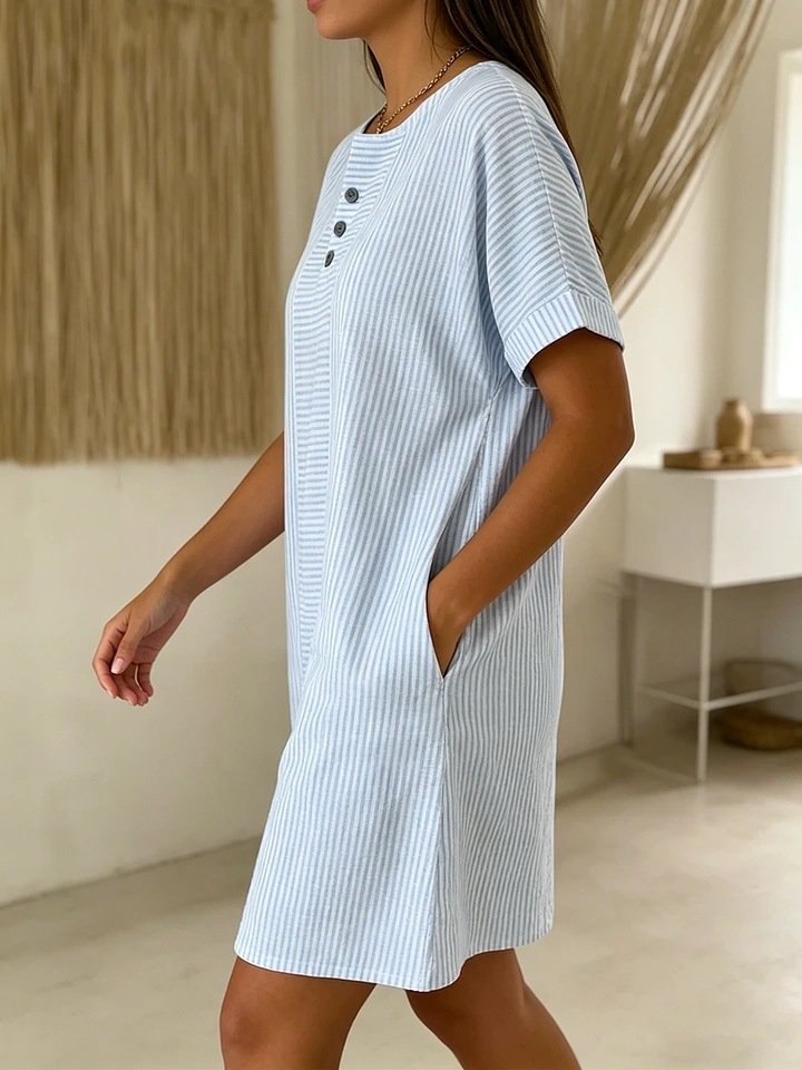 Casual Striped Henley Dress with Pockets