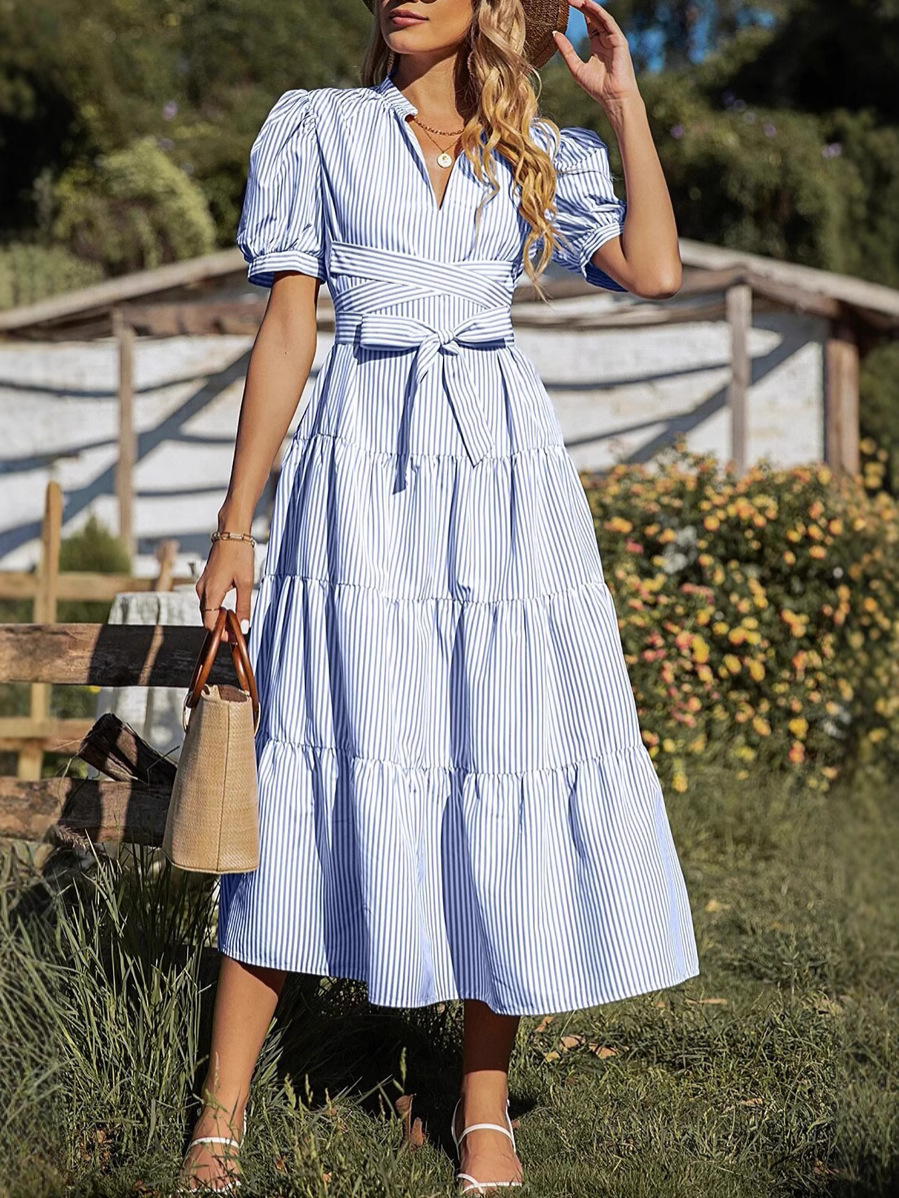 Blue Sttipe Belt Puff Short Sleeve V Neck Ruffle A-line Summer Eatsre Casual Dress