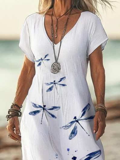 Women's Dragonfly Print Casual V-Neck Short Sleeve Dress