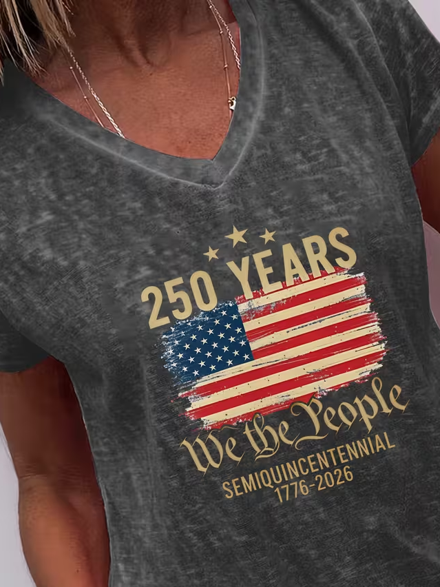 Women's USA 250th Anniversary Short Sleeve T-shirt Summer Gray Text Letters Jersey V Neck Holiday Going Out Casual Top