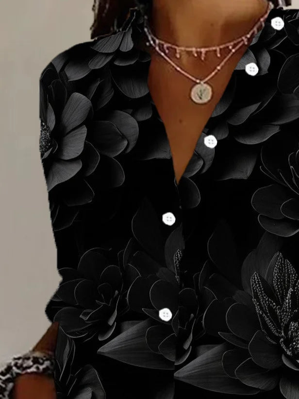 Women's Long Sleeve Shirt Spring/Fall Black Floral Buckle Shirt Collar Daily Going Out Casual Top