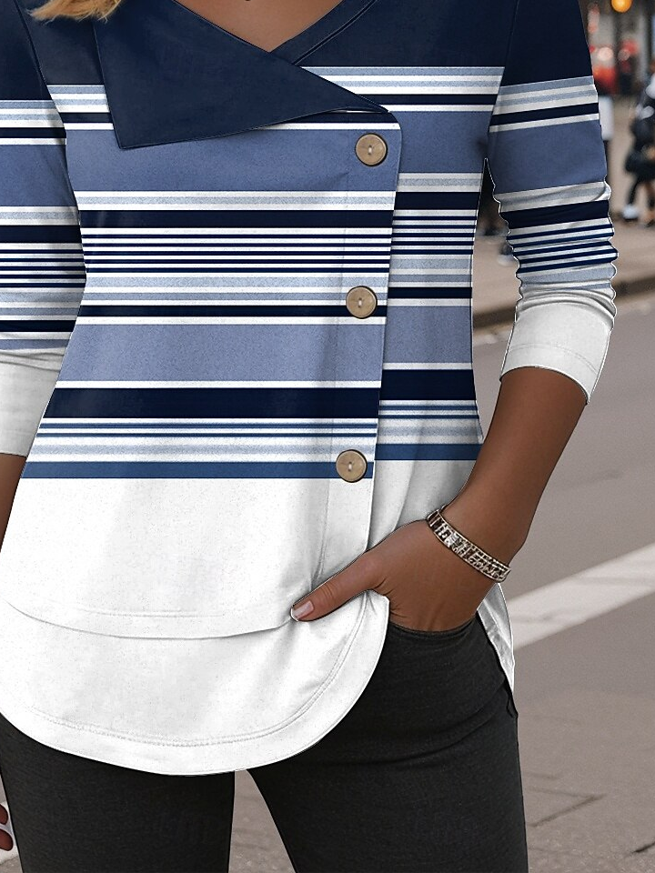 Women's Long Sleeve T-shirt Spring/Fall Blue Striped Printing V Neck Daily Going Out Casual Top