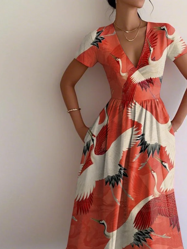 V Neck Animal Vacation Regular Fit Dress With No