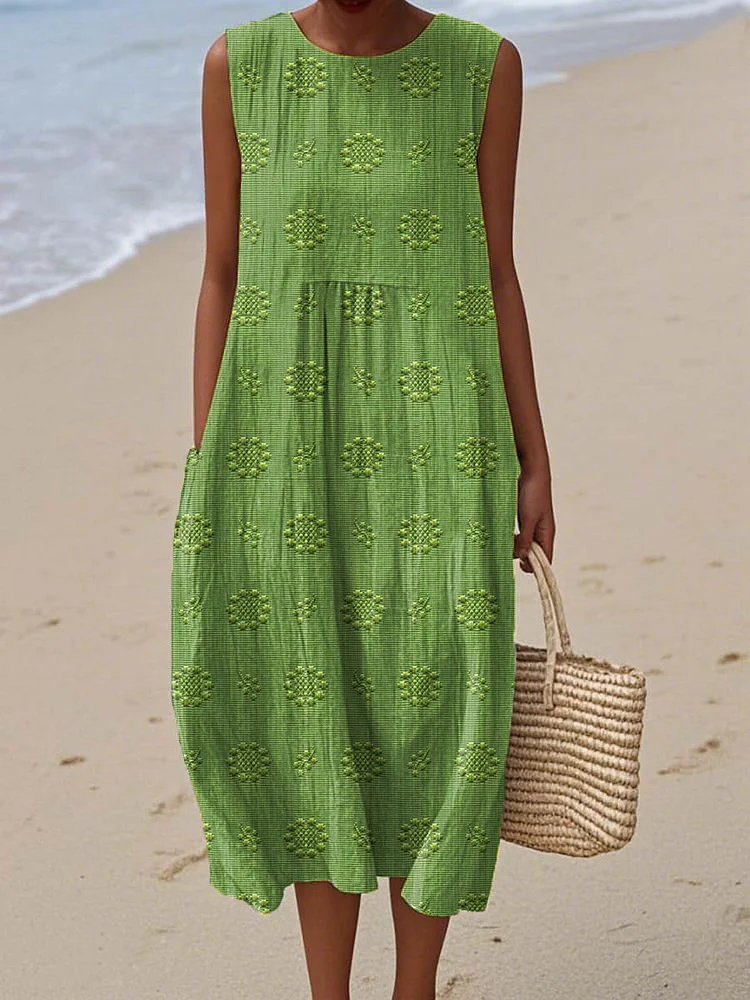 Women's Sleeveless Summer Green Floral Printing Crew Neck Daily Going Out Casual Maxi H-Line Tank Dress