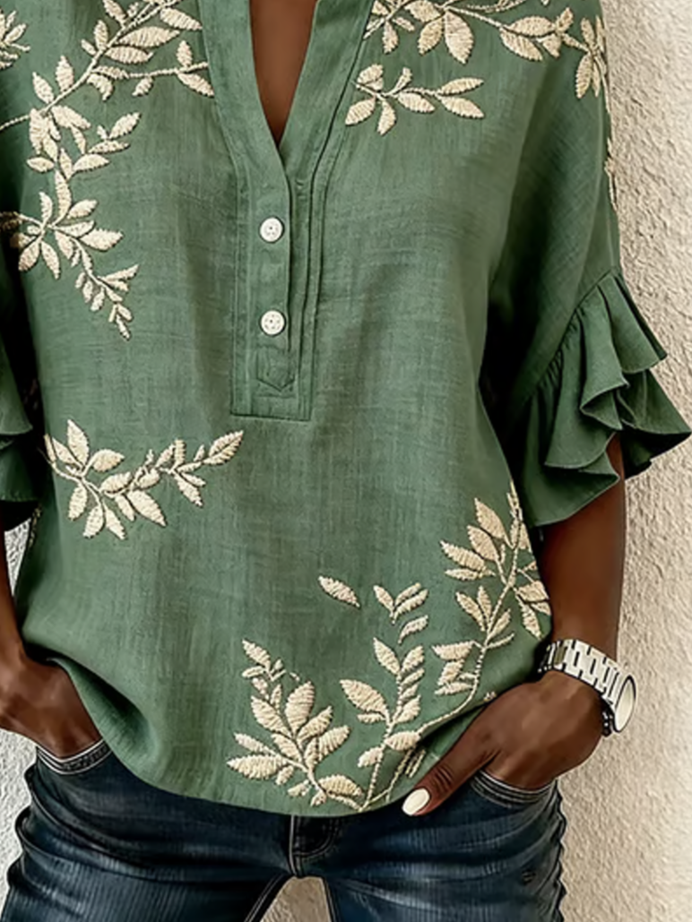 Floral V Neck Casual Loose Shirt