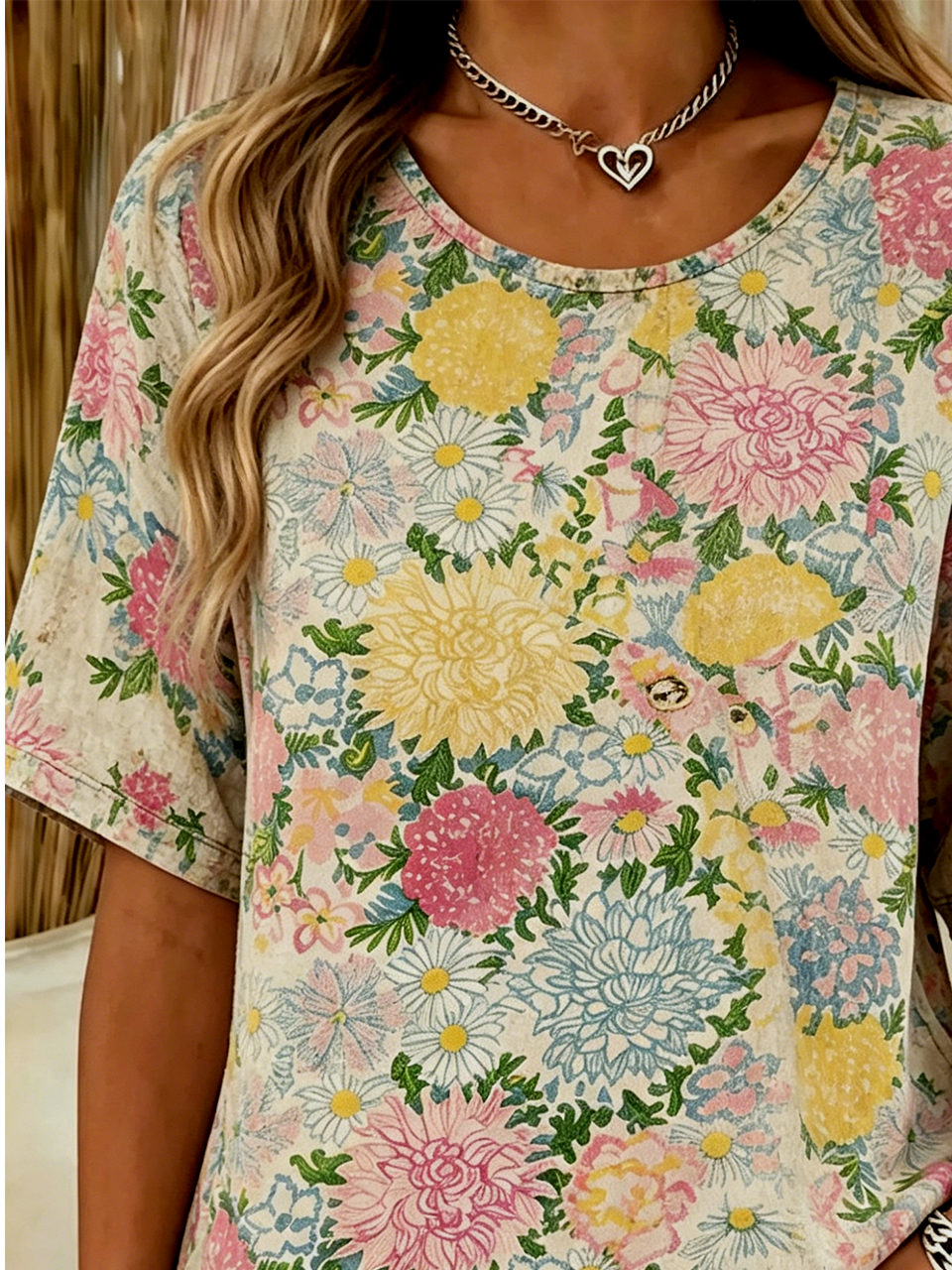 Floral Casual Cotton-Blend Crew Neck T-Shirt