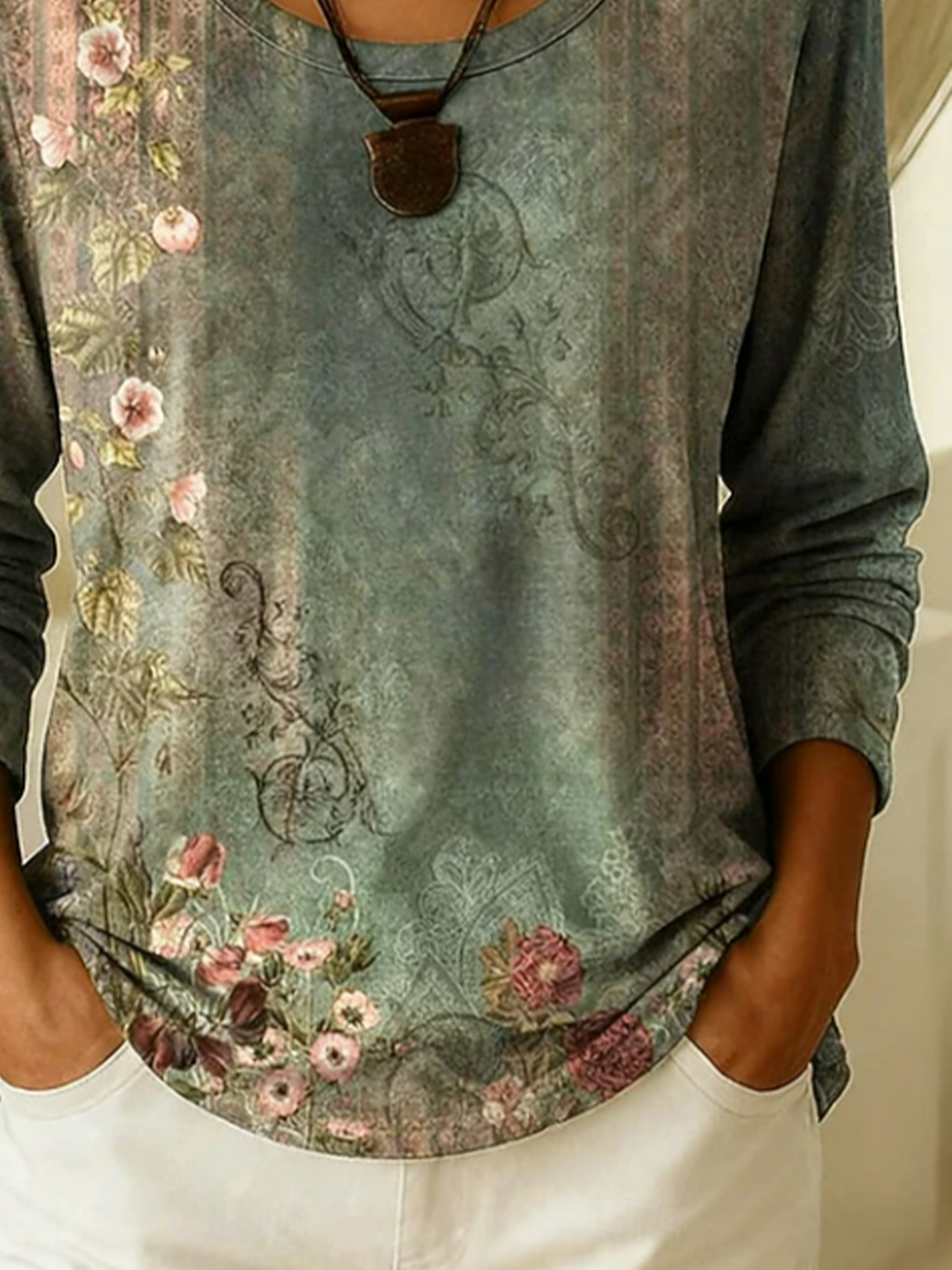 Women's Long Sleeve T-shirt Spring/Fall Green Floral Printing Jersey Crew Neck Daily Going Out Casual Top