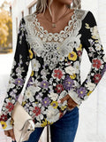 Lace Floral Printing V Neck Casual T-Shirt