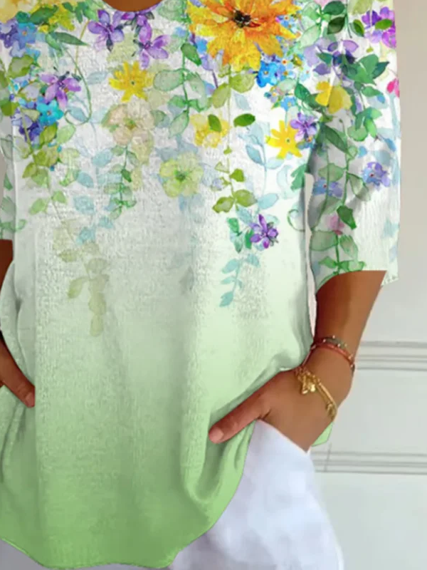 Women's Three Quarter Sleeve T-shirt Spring/Fall Green Floral Printing V Neck Daily Going Out Casual Top