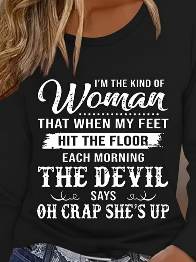 Women's Long Sleeve T-shirt Spring/Fall Black Text Letters Printing Jersey Crew Neck Daily Going Out Casual Top