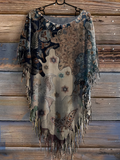 Women's Retro Floral Print Punk Hippie Batwing Tussle Fringes Poncho T-Shirt