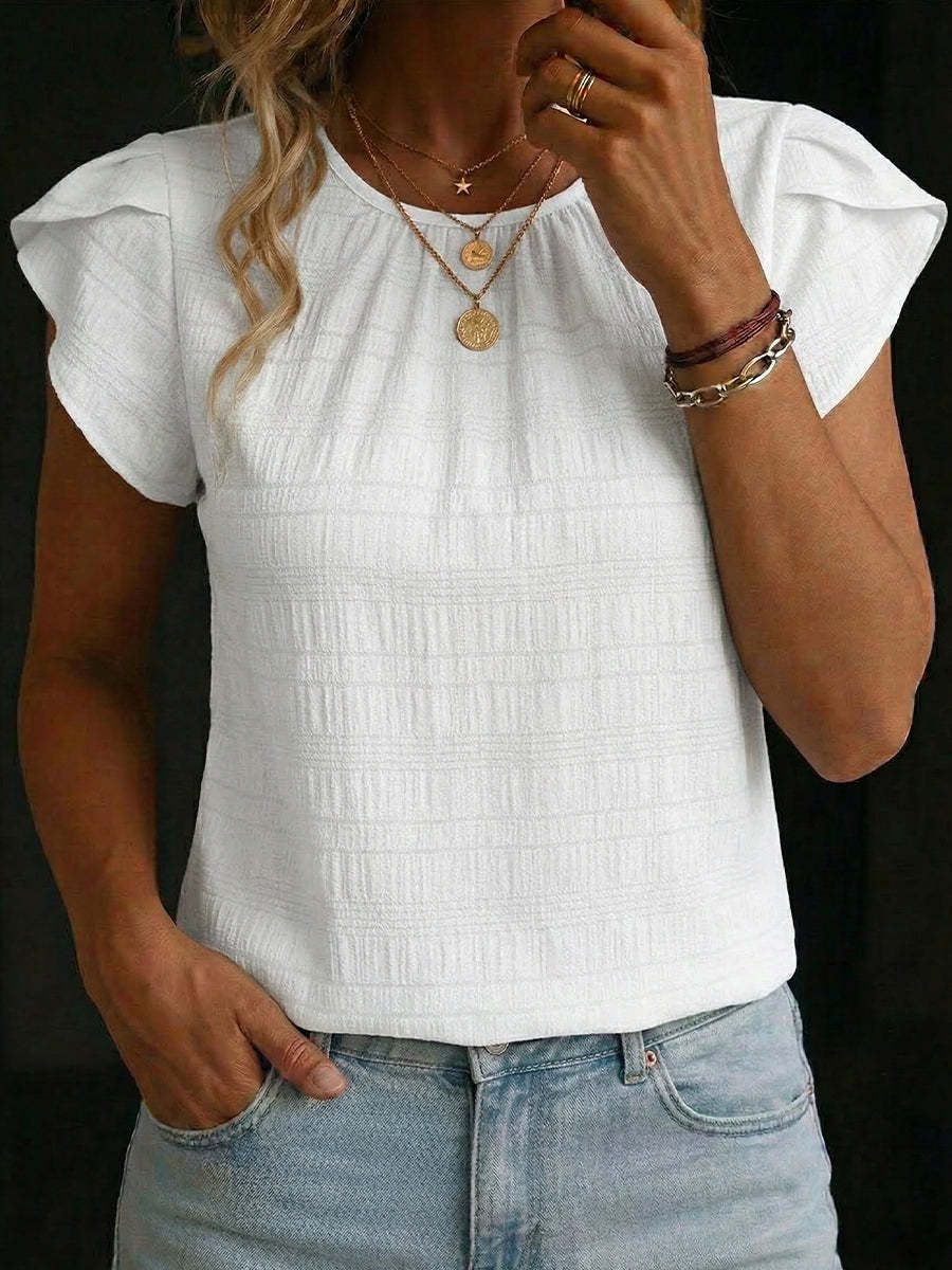 Plain Round Neck Ruffle Short Sleeve T-Shirt Casual Regular Fit Summer Casual Top