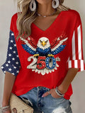 Women's Color Block Eagle Old Glory America Flag Print Casual T-Shirt
