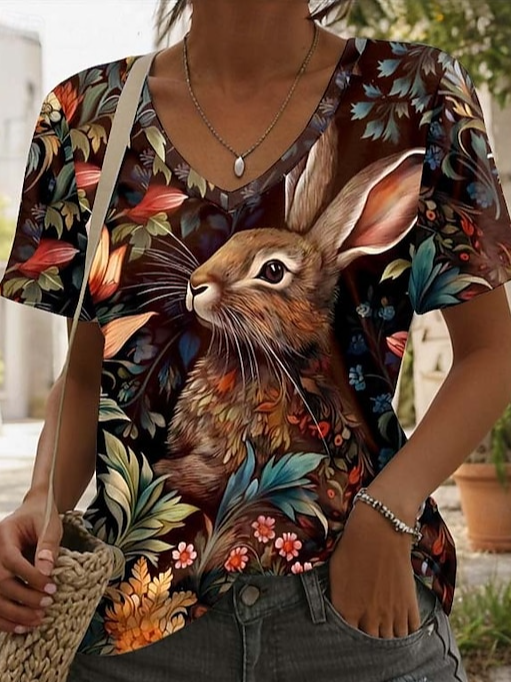 Women's Vintage Bunny Print Casual V Neck Cotton-Blend Easter T-Shirt
