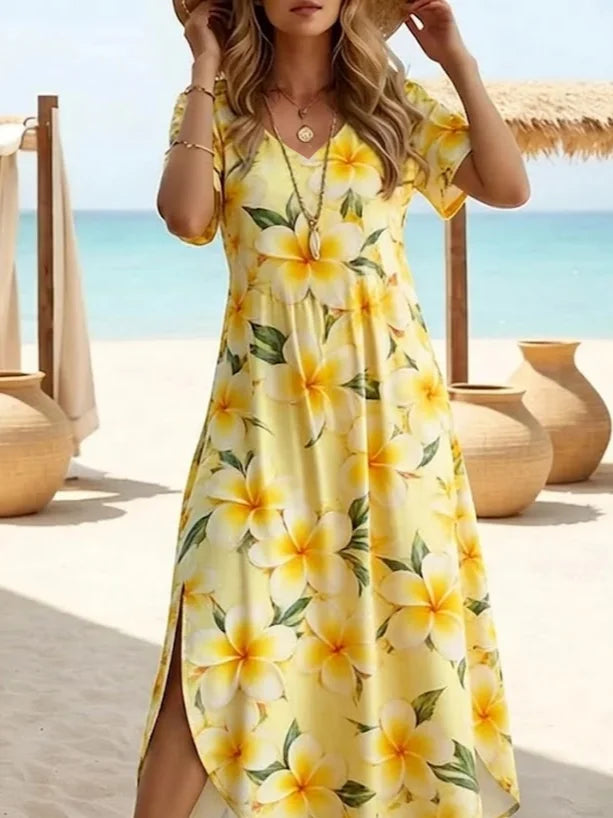 Women's Short Sleeve Summer Yellow Floral Printing Crew Neck Daily Going Out Casual Maxi H-Line T-Shirt Dress Dress