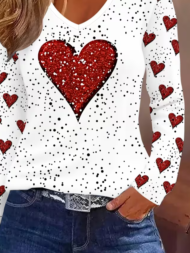 Women's Long Sleeve T-shirt Spring/Fall White Heart/Cordate Printing Jersey V Neck Daily Going Out Casual Top