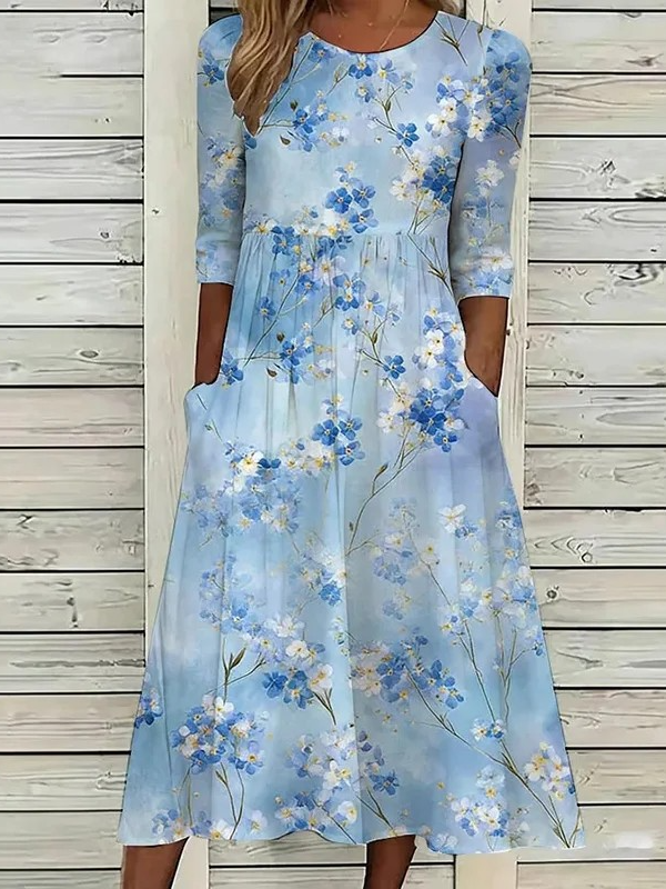 Elegant Crew Neck Floral Dress With No