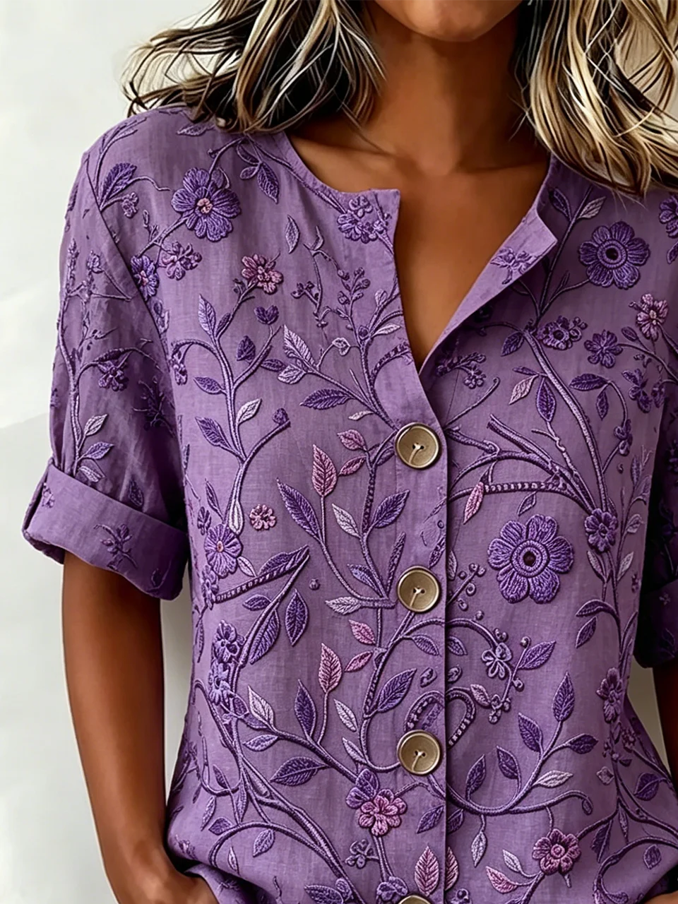 Women's Purple Floral Print Blouse Short Sleeve Button Down Casual Top